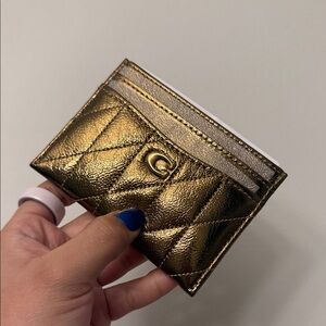 Coach Quilted Metallic Card Case - Gold NEW